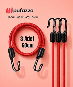Kancalı Bagaj Gergi Lastiği - Paslanmaz Çelik Çift Kancalı, Motor ve Bisiklet Sabitleme Lastiği - 3 Adet (Kırmızı, 60cm)