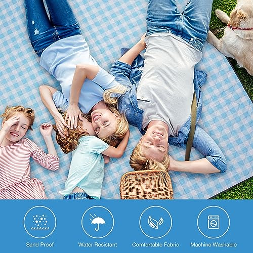 WILLOW WEAVE Picnic Blanket, 80\'\'x80\'\' Waterproof Outdoor Blankets, Picnic Mat Washable for Beach, Picnic Blankets for Camping on Grass with Shoulder Strap - Blue & White - Thumbnail 7