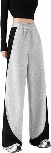Korean Style Women’s Black &amp; Grey Color Block Wide Leg Trouser | High Waist Elastic Casual Lounge Trousers