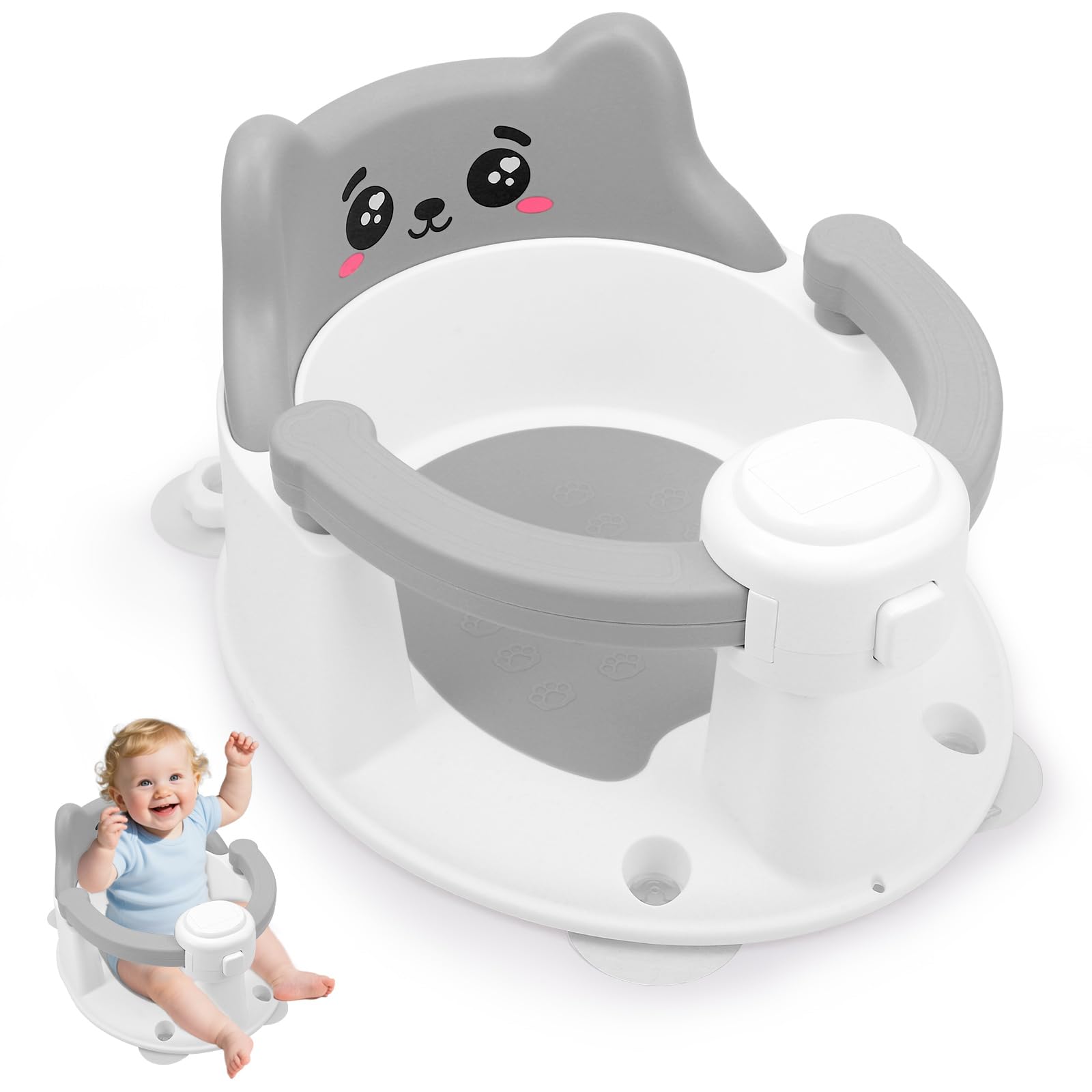 Badewannensitz Baby ab 6 Monate, Cartoon Rutschfester Badesitz Baby mit 4-starken Saugnäpfen, Neue einhändig entriegelbare Badewannensitz, Bath Seat, Sicherer Tragbarer Badstuhl, Grau