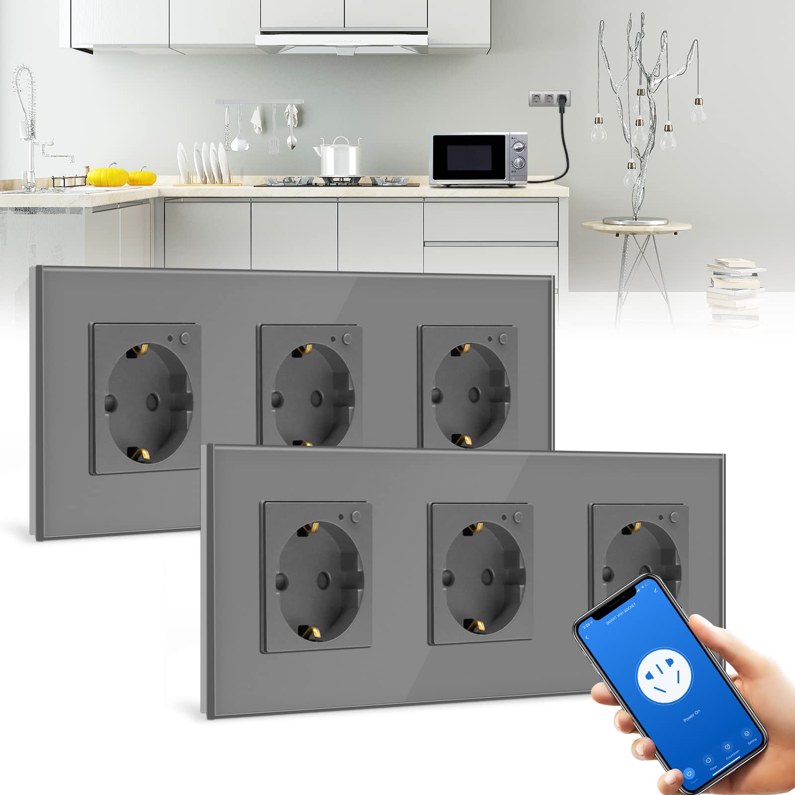 BSEED BSEED Enchufe Triple de Pared WiFi,Schuko Enchufe inteligente Compatible con Alexa y Google Home,Control de APP y Función de Temporizador,protección de contacto,16A Gris-2 Paquete