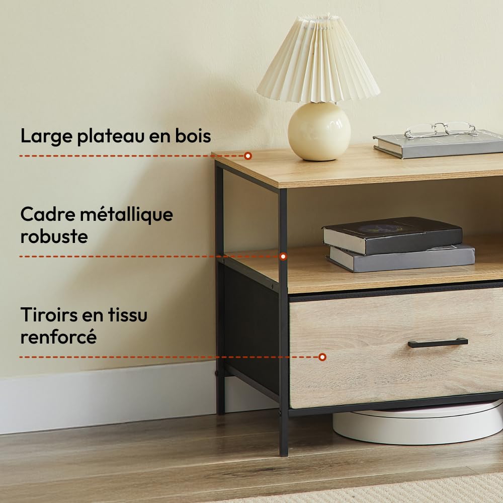 CASABEL Meuble TV 120 cm en métal Noir et Bois, Meuble de Salon avec 2 tiroirs en Tissu Rigide et étagères Ouvertes, Meuble Télé Solide, Design Pratique et résistant