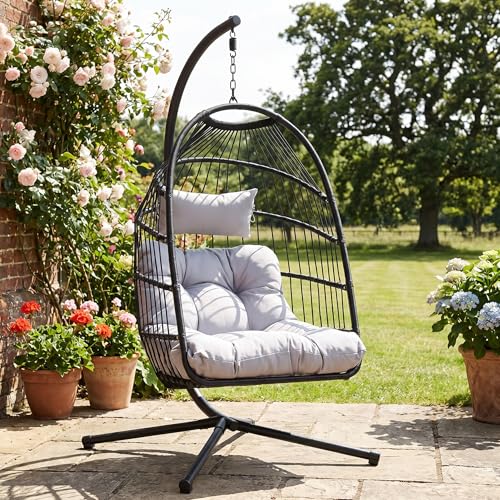 Image of Blisswood Rattan Hanging Egg Chair with Cushion & Stand – Indoor & Outdoor Hammock Swing Chair for Garden, Patio or Balcony – Adjustable Height Wicker Pod Chairs – Supports Up to 160kg (Black)