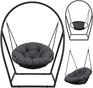 Hängesessel mit Gestell Outdoor, Runder Hängestuhl mit Stahlrahmen & Kissen, 100cm Sitzfläche, Höhenverstellbar, bis 150kg belastbar, Hängeschaukel für Garten, Balkon, Terrasse & Indoor, Schwarz