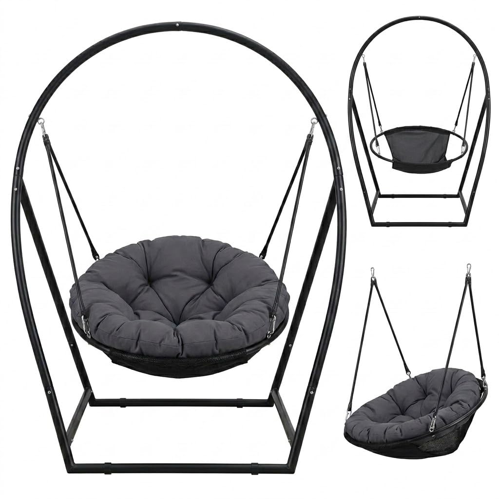 Hängesessel mit Gestell Outdoor, Runder Hängestuhl mit Stahlrahmen & Kissen, 100cm Sitzfläche, Höhenverstellbar, bis 150kg belastbar, Hängeschaukel für Garten, Balkon, Terrasse & Indoor, Schwarz