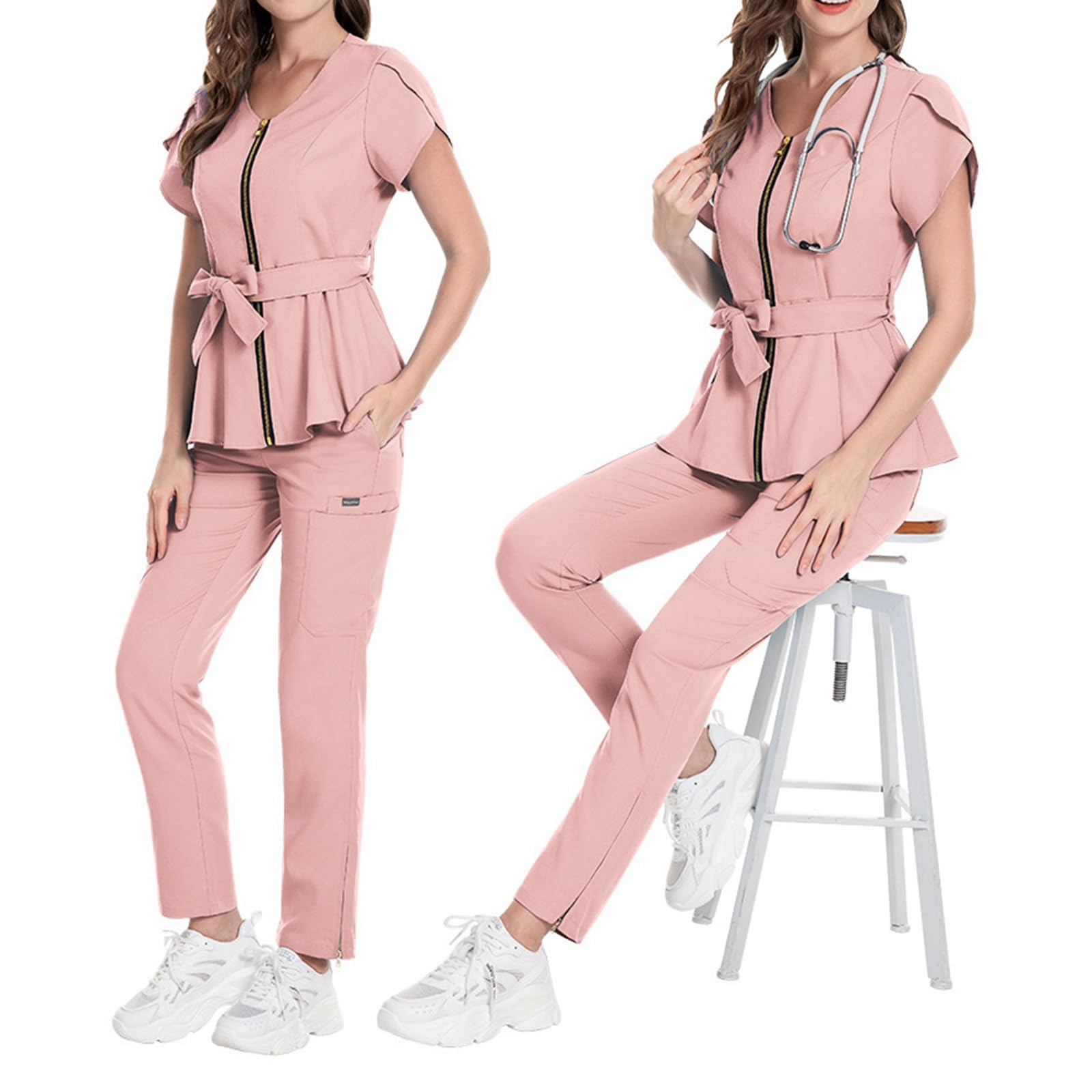 Uniforme mediche da donna, con scollo a V, top con cintura e pantaloni da jogging, vestibilità aderente, abbigliamento da lavoro per infermieri