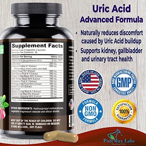 Yummyvite Uric Acid Advanced Formula – Kidney, Liver, Gallbladder, Urinary Tract Cleanse With Cranberry, Chanca Piedra, Tart Cherry, Milk Thistle And Bromelain 60 Capsules #TOP1