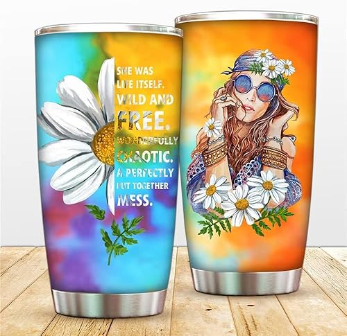 Miniatura 1 de JAJO Vaso de acero inoxidable de 20 onzas para mujeres hippie Gril vaso hippie termo de vacío de doble pared taza de café de viaje de girasol con