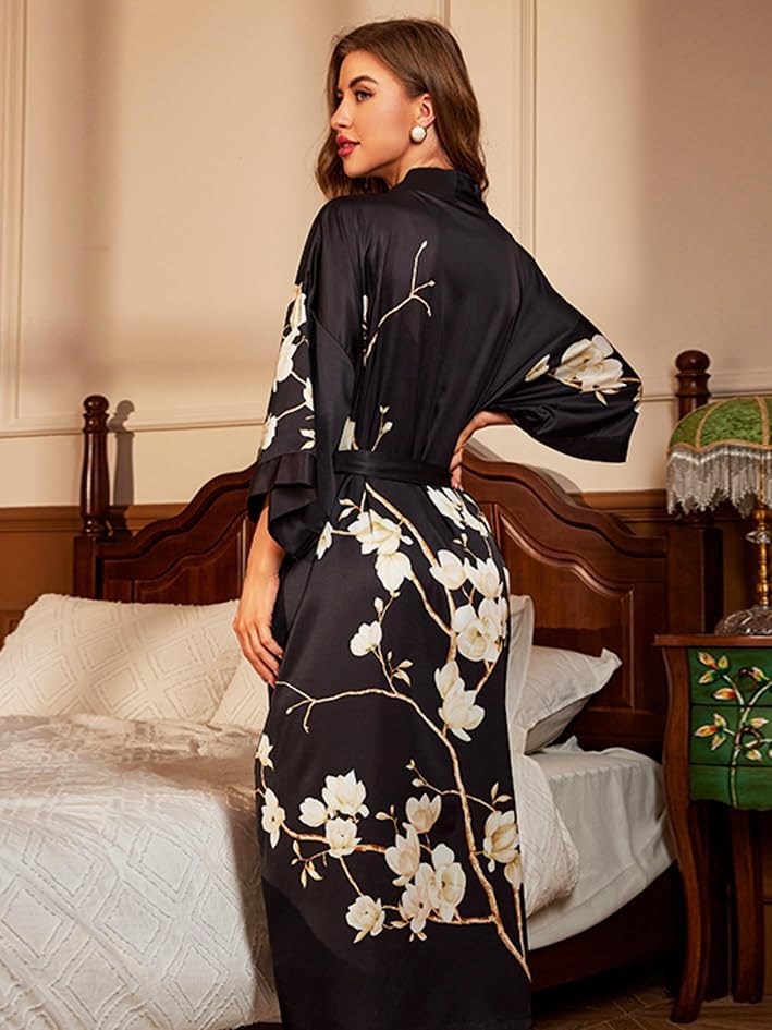 Kimono Robes for Women Long Dressing Gown Charmeuse Satin Floral Print Silky Robe Sleepwear Wedding Bachelorette Party - Image 4