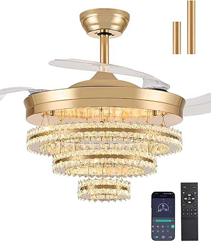 Miniatura 11 de Ventilador de techo de araña de cristal de 42 pulgadas, ventilador retráctil con control remoto y aplicación, luz LED, motor de CC silencioso, 6