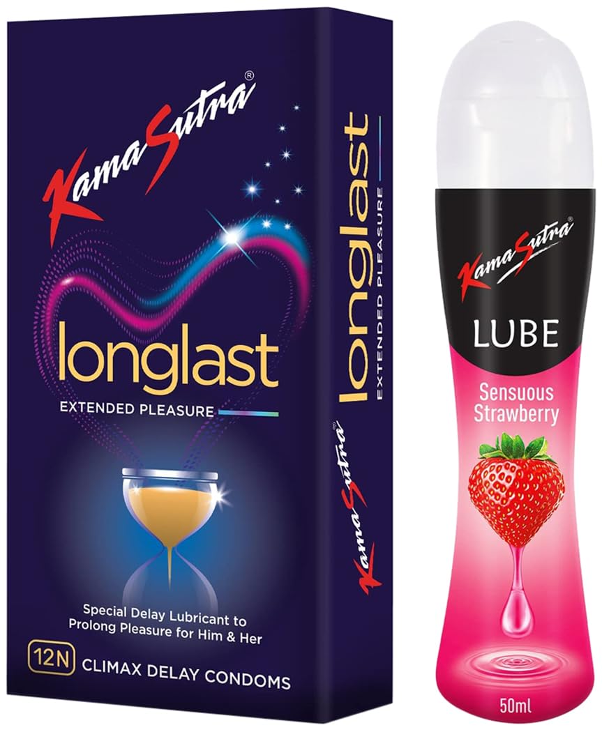 KamaSutra Lube Strawberry Personal Lubricant for Men & Women - 50 ml | Water based lube | Compatible with condoms | Easy to wash off | Convenient for use & KamaSutra Longlast Condoms (Pack of 12)-picture-21