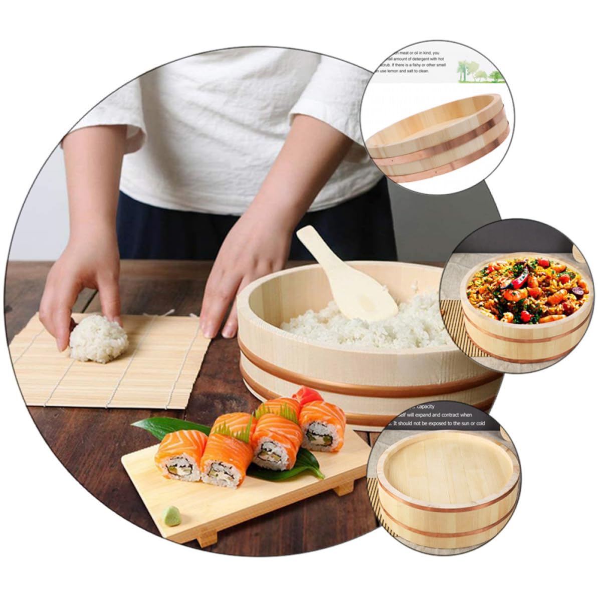 ibasenice Cuenco de Madera Diseño Tradicional Japonés para Preparar Sushi y Mezclar Arroz Función de Enfriamiento Color Aleatorio Adecuado para Cocina o Restaurante