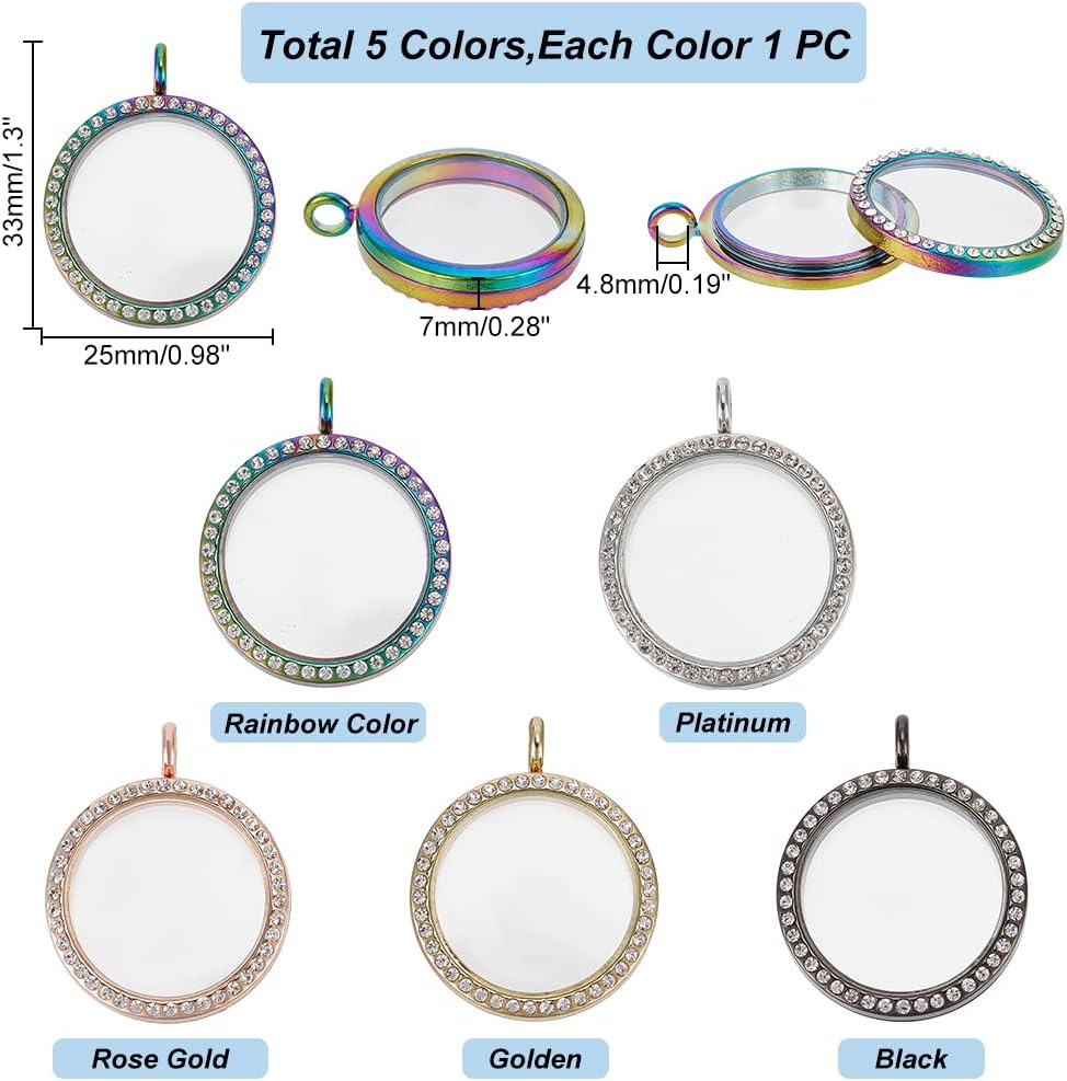 PH PandaHall 5pcs Rhinestone Photo Frame Charm, 5 Colors 35mm Round Crystal Double-Sided Picture Frame Memory Locket Charm Alloy Dangle Charms for Wedding Bridal Bouquet Keychain Jewelry Making - Image 2