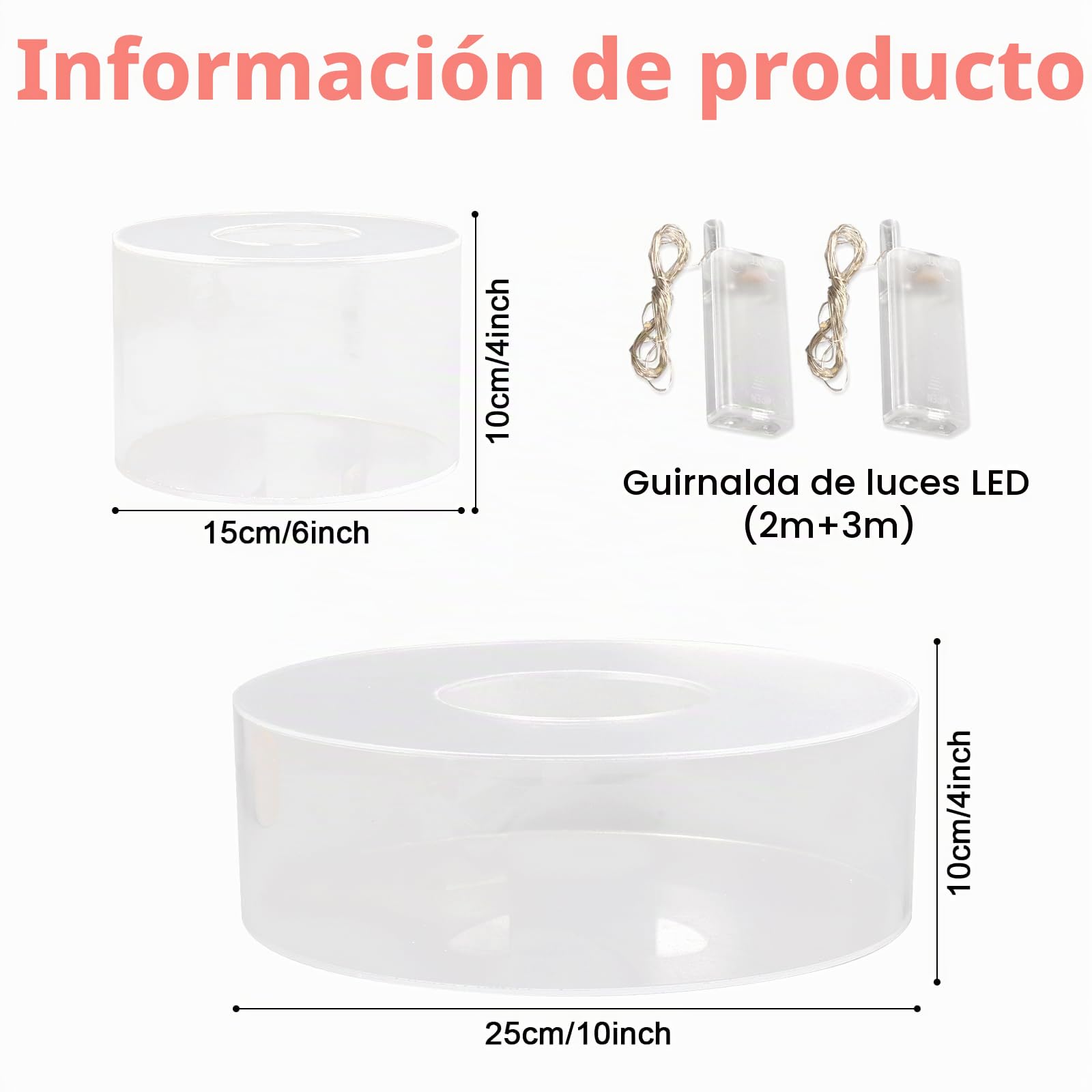 Soporte Acrílico para Tartas, 15cm+25cm Soportes para Tartas Rellenables de Acrílico Transparente con Cadena de Luz Apilables Soporte para Exhibición de Pasteles para Bodas Baby Shower Cumpleaños