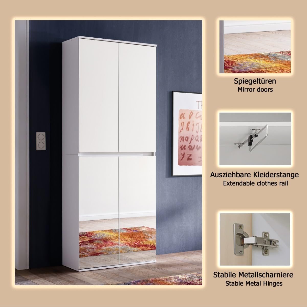 trendteam smart living - Mirror - Garderobenschrank - Weiß - Mehrzweckschrank mit reichlich Stauraum - (BxHxT) 74 x 191 x 34 cm - 1 Kleiderstange und 6 Einlegeböden