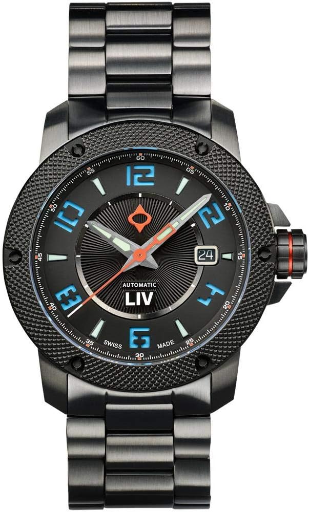LIV GX1-A Swiss Made Automatic Self Winding Analog Display Dress Watch for Men - 42 mm Stainless Steel with Date Calendar - 660 feet Waterproof - Black w/Blue Numbers