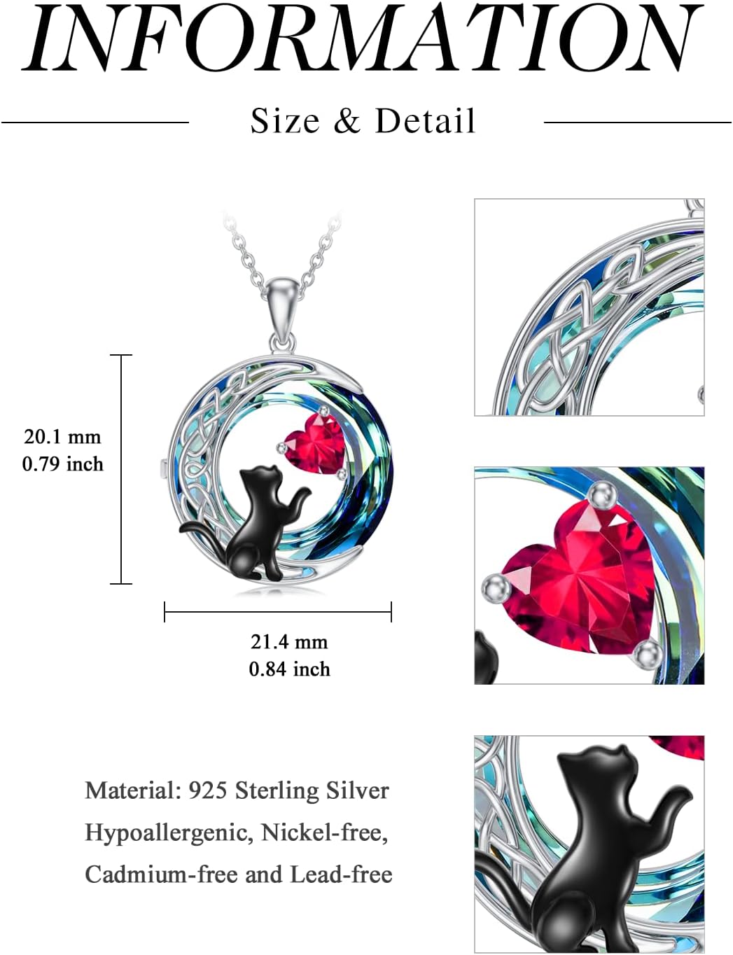 TOUPOP Cat Gifts for Cats Lovers 925 Sterling Silver Black Cat Necklace Celtic Moon Birthstone Jewelry for Women Valentines Day Birthday Gifts for Her - Image 8