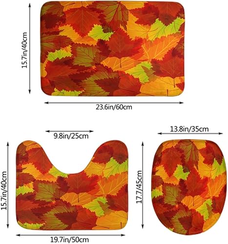 Miniatura 3 de Moslion Juego de 3 alfombrillas de baño de hojas de otoño y hojas de arce, cubierta de tapa de asiento de inodoro, antideslizante, color naranja