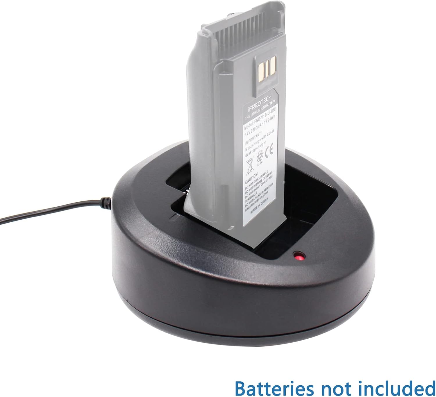 IFREQTECH CD-58 Desktop Charger with a radio battery inserted, showing the red charging indicator light.