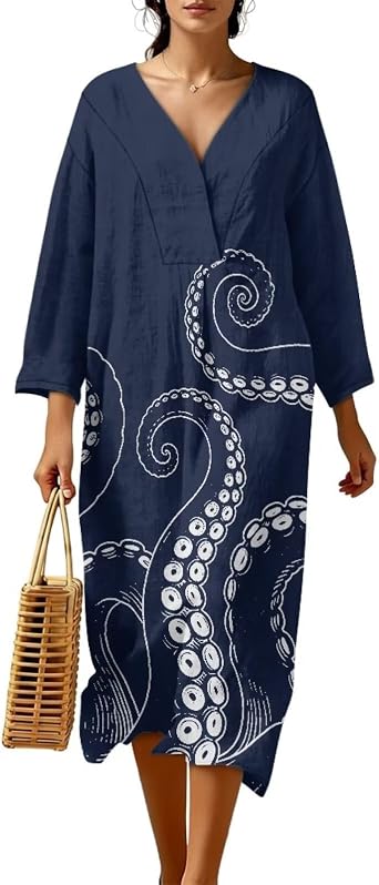 Womens Cotton Linen Midi Dress Versatile Summer Trendy Womens Long Sleeve Midi Tunic Beach Vacation Dress S-5XL