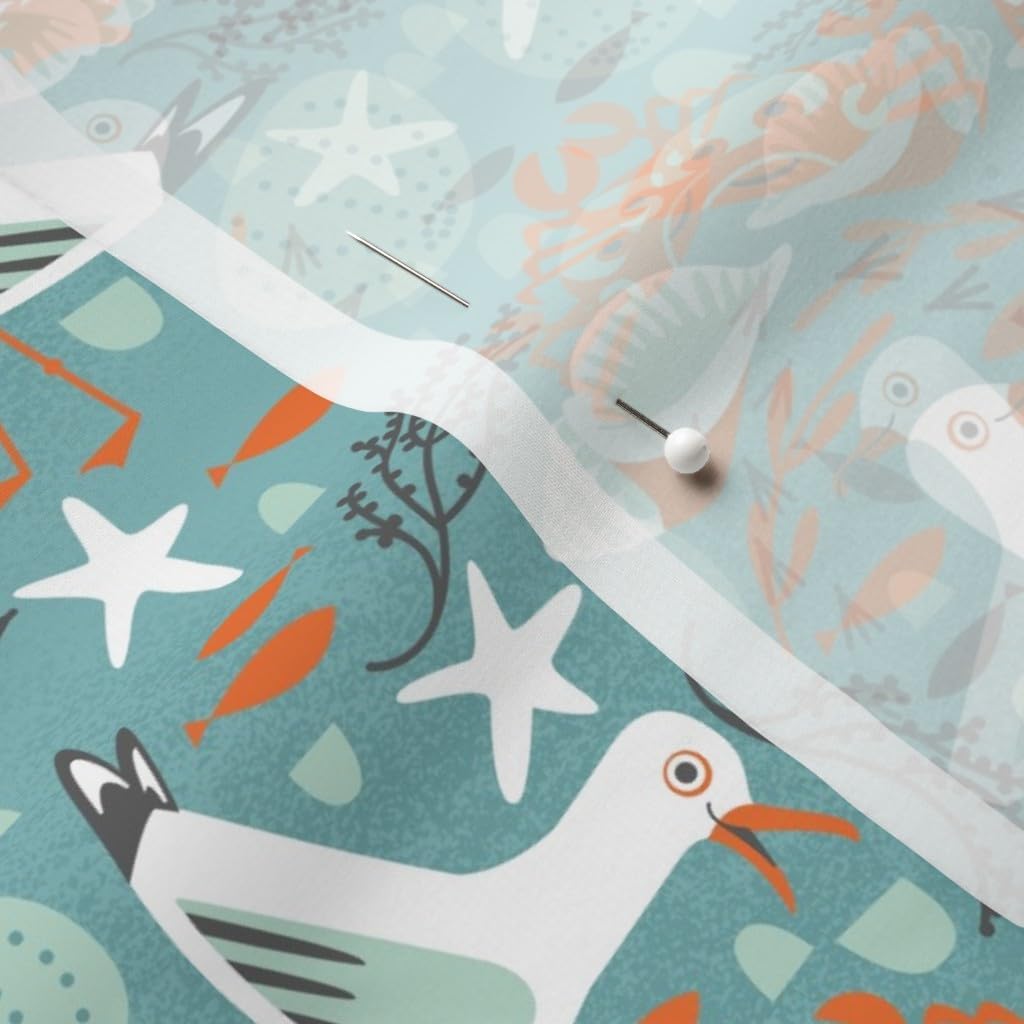 Spoonflower Fabric - Summer Seaside Sea Beach Ocean Small Teal Scale Print Seagulls Crabs Printed on Chiffon Fabric by The Yard - Sewing Fashion Apparel Dresses Home Decor