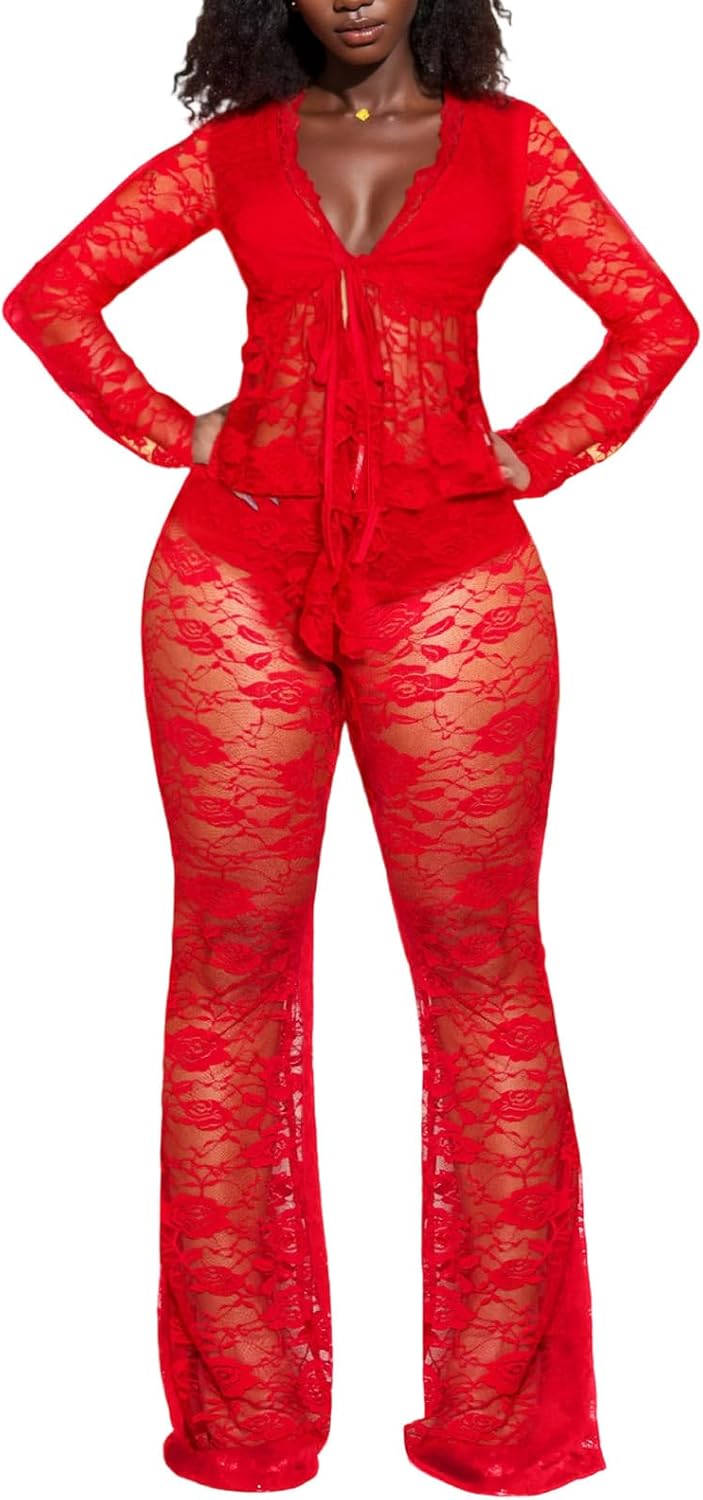 Mojessy Birthday Outfits for Women Sexy 2 Piece Outfits Clubwear Lace Long Sleeve Tie Front Cardigan Flared Pants Set