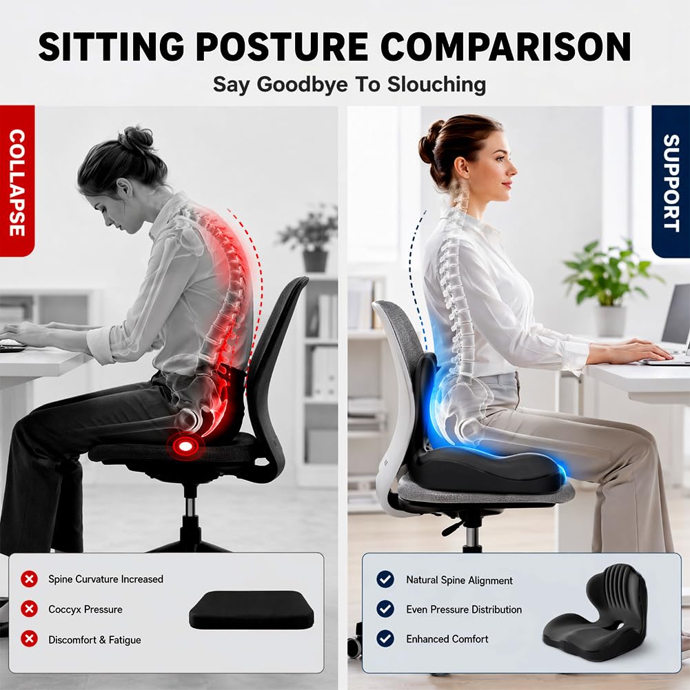 Gohytal Cuscino per sedia da ufficio con schienale, cuscino ortopedico, a forma di L, in memory foam, supporto lombare per sedia da ufficio, sedile auto, casa (nero)