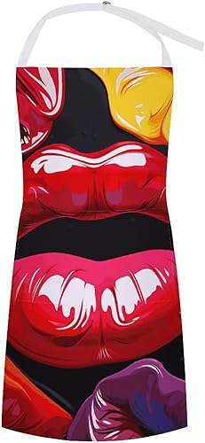 MUSM Colorful Lips ApronClassic Vintage Funny with Pockets Aprons,Adjustable Bib Waterdrop Resistant for Kitchen Cooking Restaurant BBQ Painting