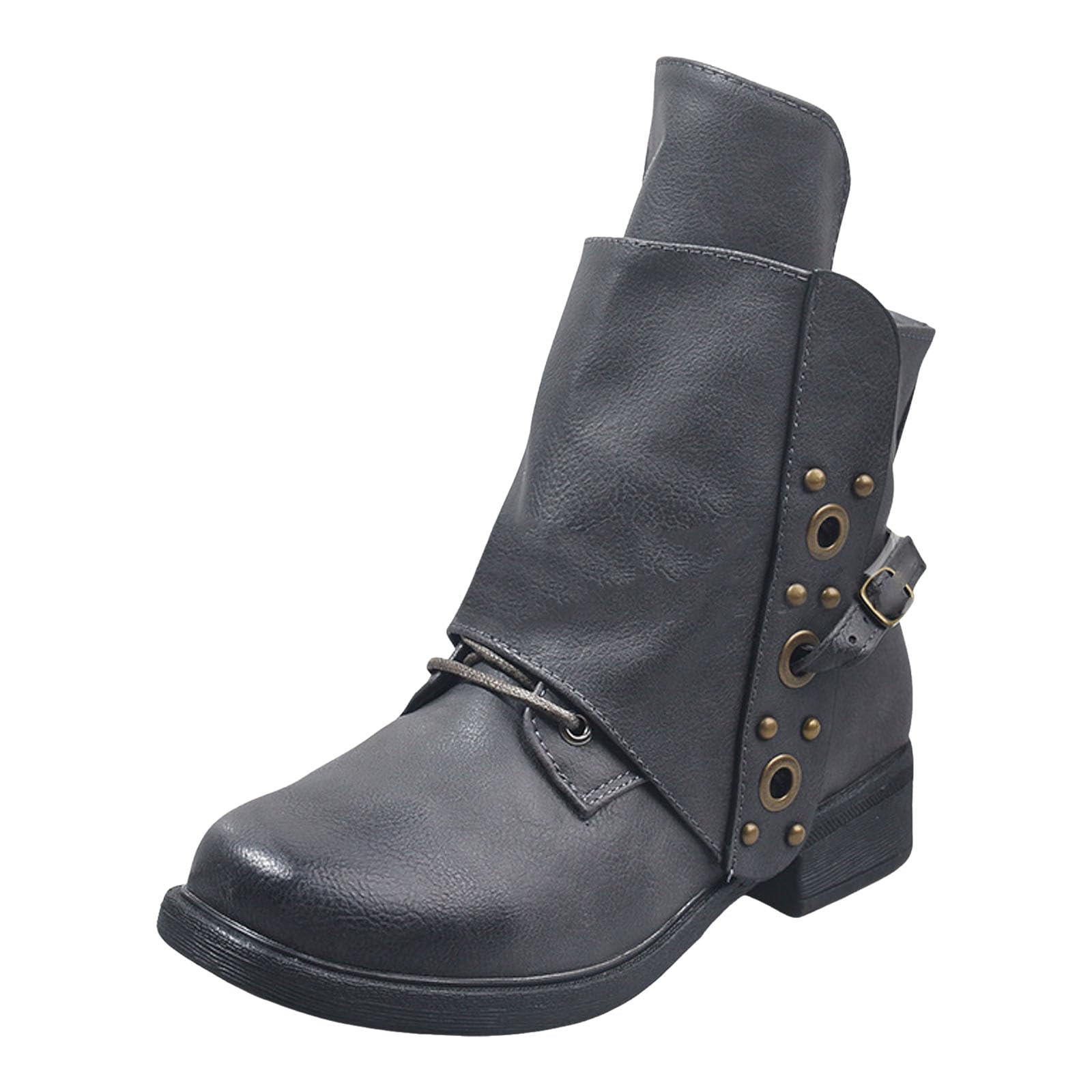 Womens Boots Round Toe Side Zipper Lace Up Put-on Studded Punk Buckle Ankle Booties Buckle Thick Soled Casual
