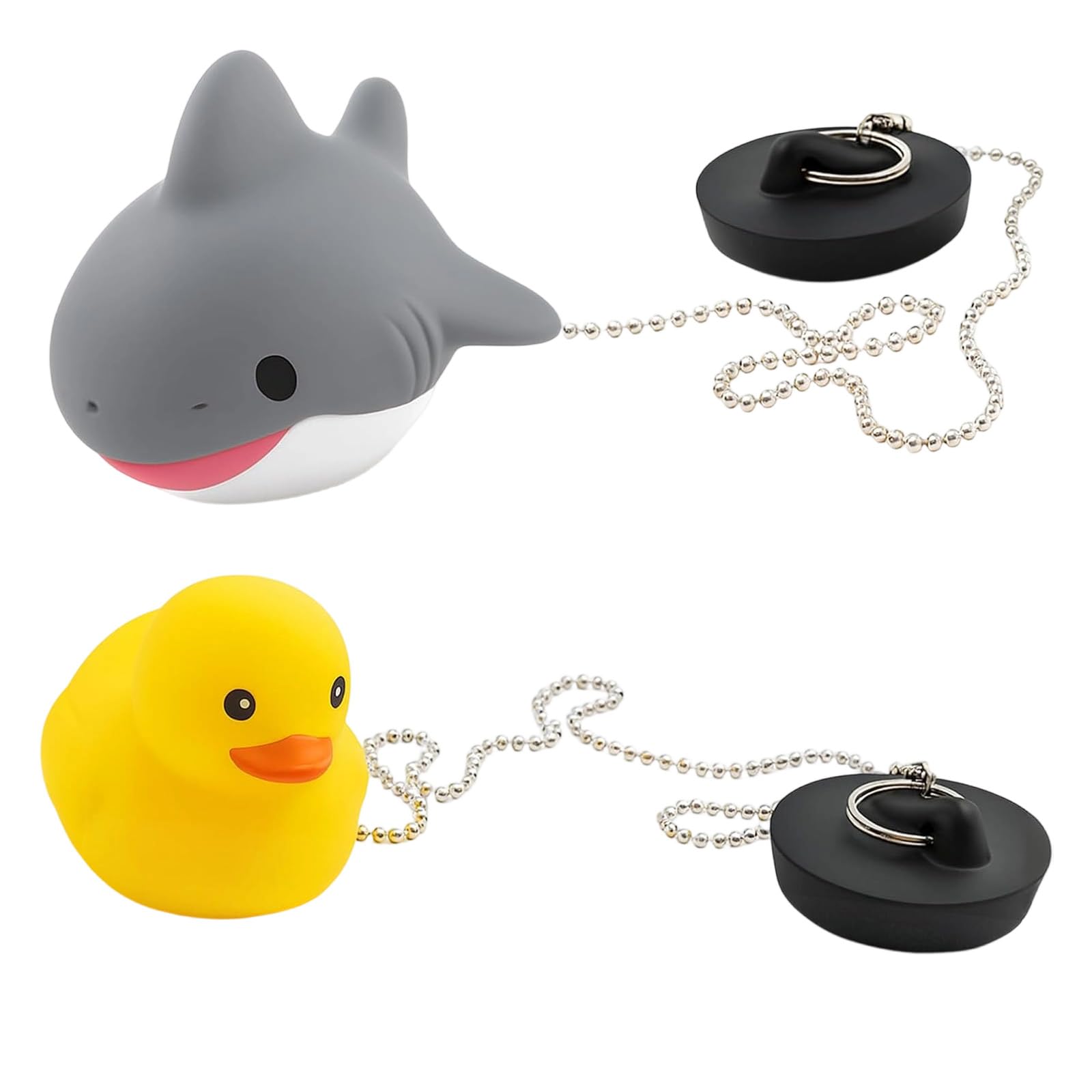 2Pcs Bath Plug and Chain, Duck and Shark Bath Plug Set with Chains, Fun Bath Time Solution for Children, Universal 45mm Drain Stopper for Bathtubs and Sinks