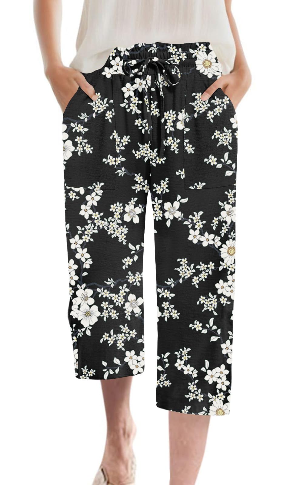Womens Capri Pants Summer Wide Leg High Waisted Pants Drawstring Casual Trousers with Pockets