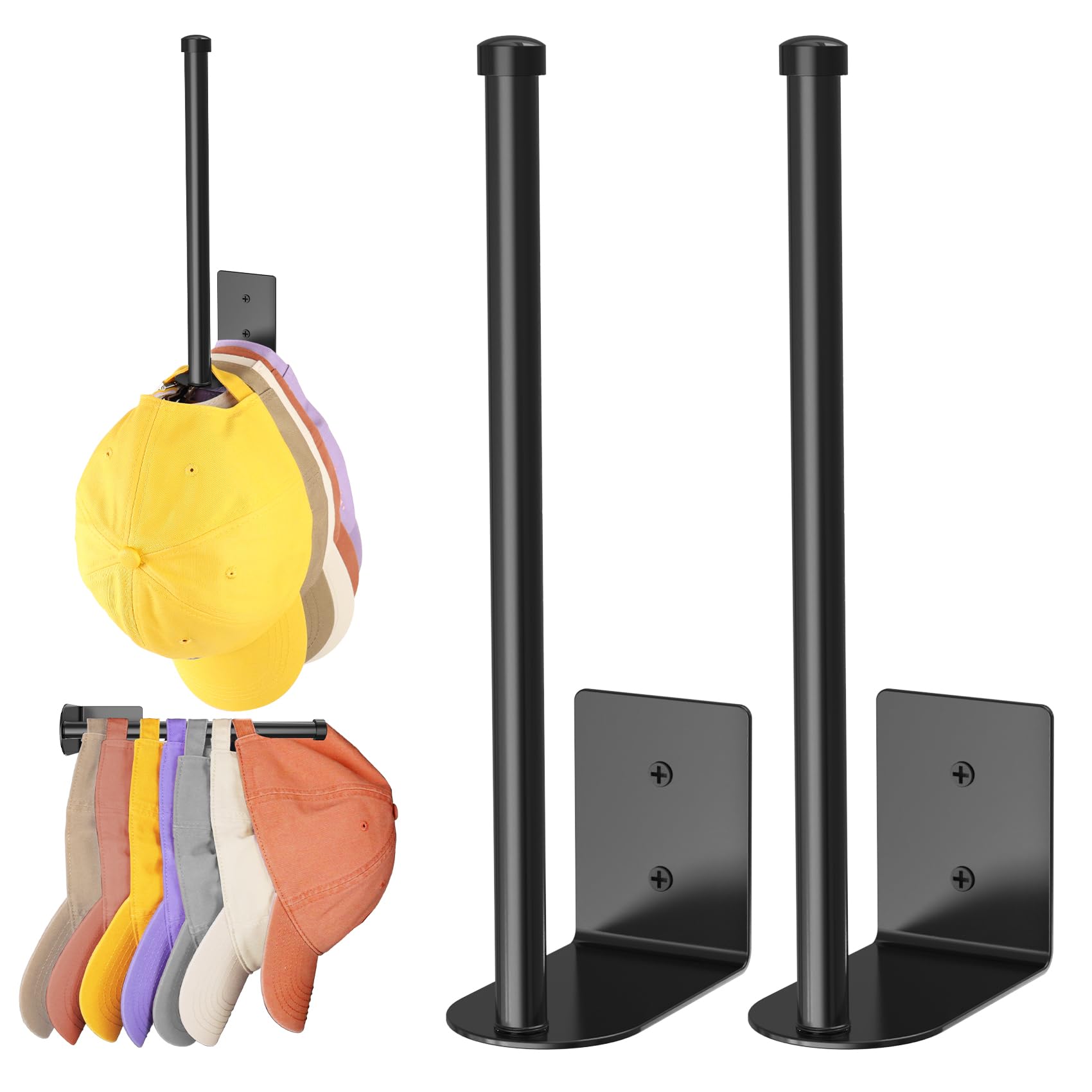 Photo 1 of 2 Pack Black Hat Racks for Baseball Caps, Stainless Steel Hat Organizer for Baseball Cap, Hat Holder Storage Organizer, Hat Hanger Strong Adhesive/Wall Drilled for Door, Bedroom, Closet(8.26 in)