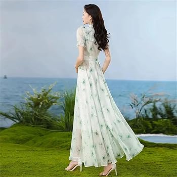 3COLOUR★V-neck floral chiffon dress ワンピース 37 Spring Women Floral Printed Elegant Chiffon Dress V-neck