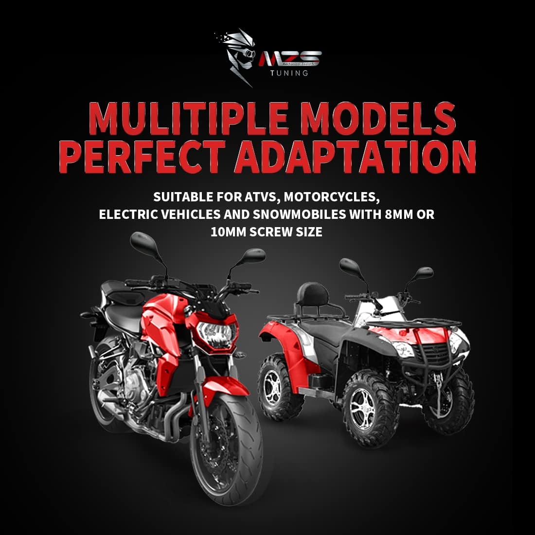 MZS ATV Mirrors, 8MM 10MM Motorcycle Side Rearview Mirrors with CNC Handlebar Mount Black fits Motorbike Street Adventure Electric Dirt Bike Ebike Snowmobile Scooter Moped Quad