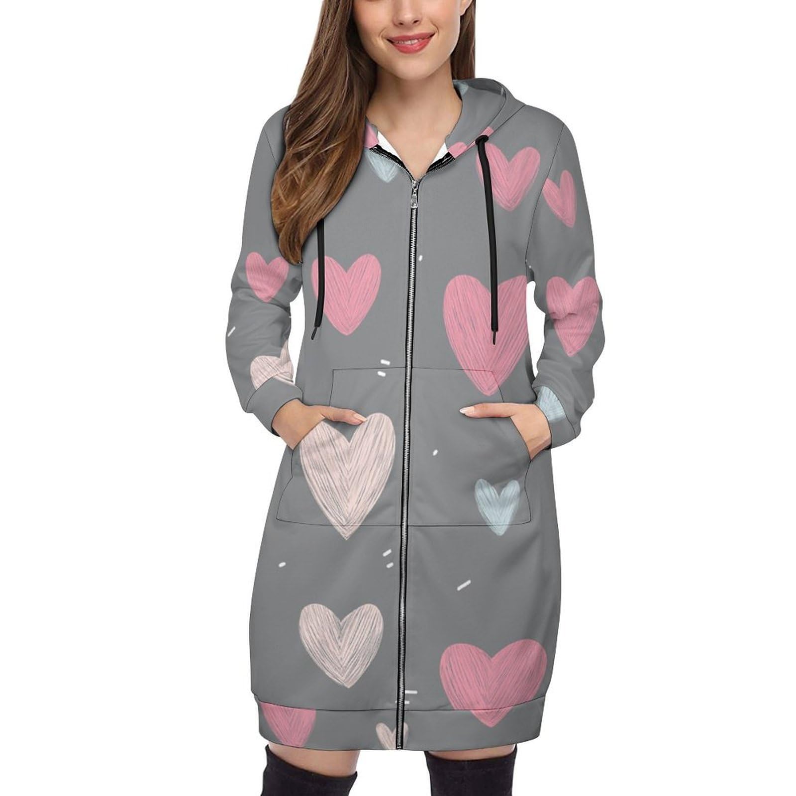 Felpa Donna con Zip Felpe Sportiva con Tasche E Cappuccio Motivo d'Amore Morbida Invernale Giacca Regolabile Confortevole per Uso Quotidiano Casual