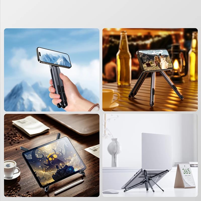 Image of Travel Portable Magnetic Phone Tripod Stand Aluminium Foldable Compatible with Laptops Tablets and Mobile Phones Multi-Angle, Multi Purpose, Adjustable Height & Tilt.