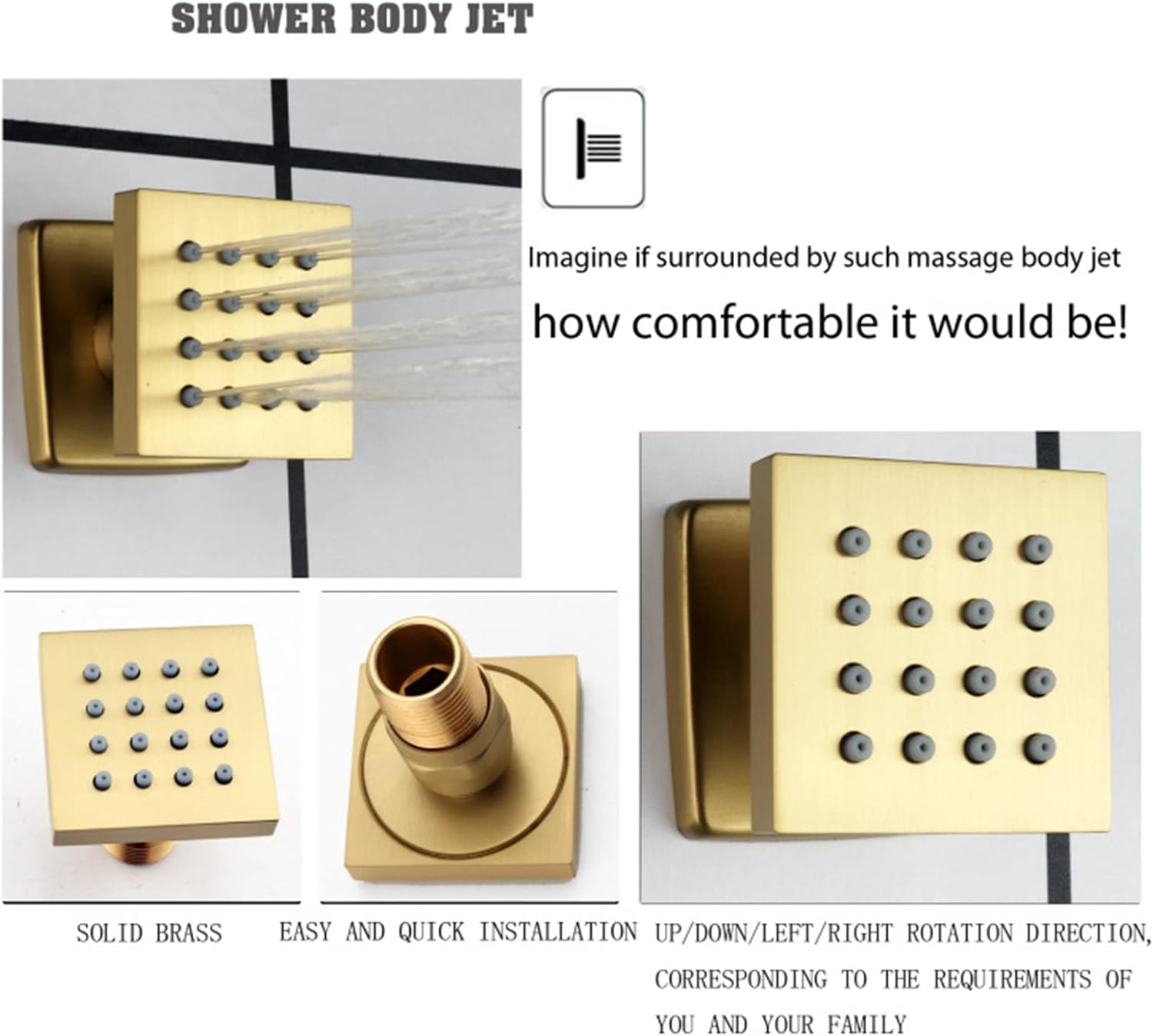 Shower Set Body Spray Jet,2 Inch Brushed Gold Massage Jet Bathroom Faucets Accessories,Brass Square Wall Mount Adjustable Shower Side Jets for Shower Spa,1pc