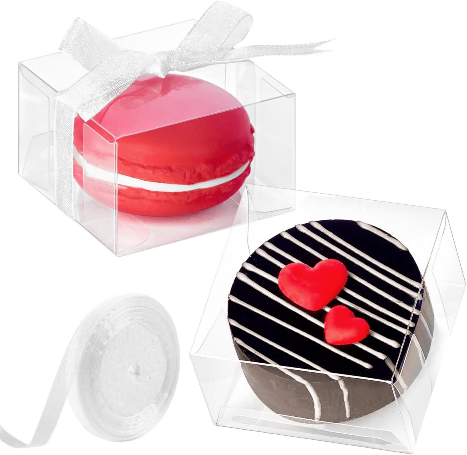100pcs Clear Single Chocolate Covered Cookies Macaron Box for Wedding Favors Baby Shower 2.17"×2.17"×1.38" Inch, Party Favor Box with Ribbons for Candy Chocolate Mooncake