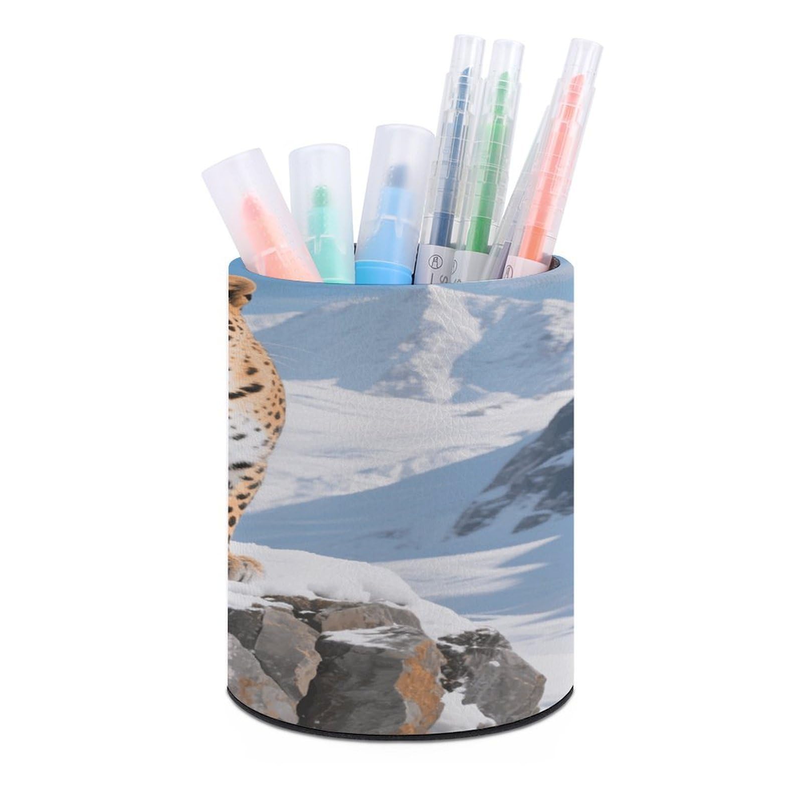 VstaDank - Round Pen Holder Snow Leopard Pencil Holder PU Leather Desk Organizer for Desk Desk Office Home Decor (3.1 x 3.9