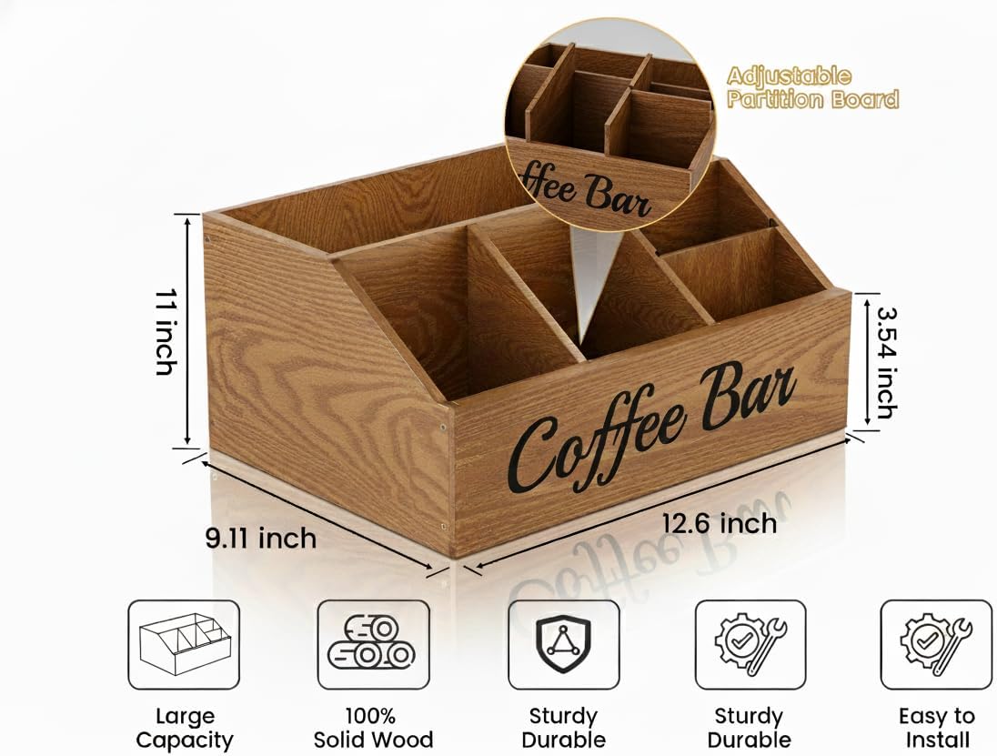 Coffee Station Organizer for Countertop – Wooden Coffee Bar Organizer with Adjustable Dividers,Holds K Cup Pod & syrup bottles, for Kitchen, Office, or Bar and Tea Station, Brown
