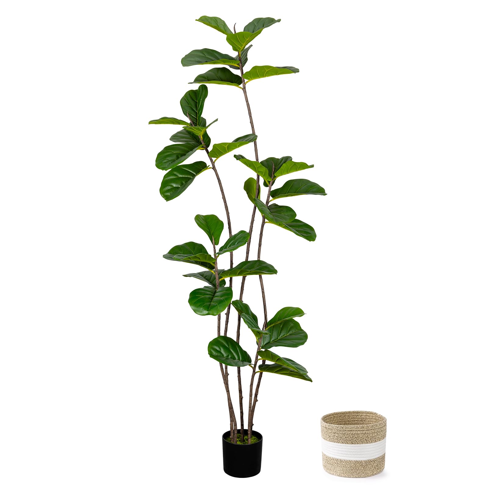LuceAlberi Artificial Fiddle Leaf Fig Tree 6FT with Cotton Basket | Faux Large Trees Fake Plants Tall Tree with 5 Sturdy Trunks, Indoor Artificial Plant Ficus Lifelike for Home Decor Office