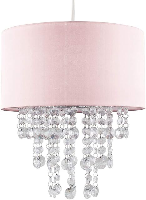 Modern Pink Cylinder Ceiling Pendant Light Shade with Clear Acrylic Jewel Effect Droplets
