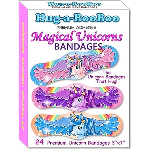 Magical Unicorns Premium Adhesive Unicorn Bandages from Hug-a-BooBoo, The Amazing Bandages That Hug! Colorful Hugging Unicorns 24 Ct Box Cover
