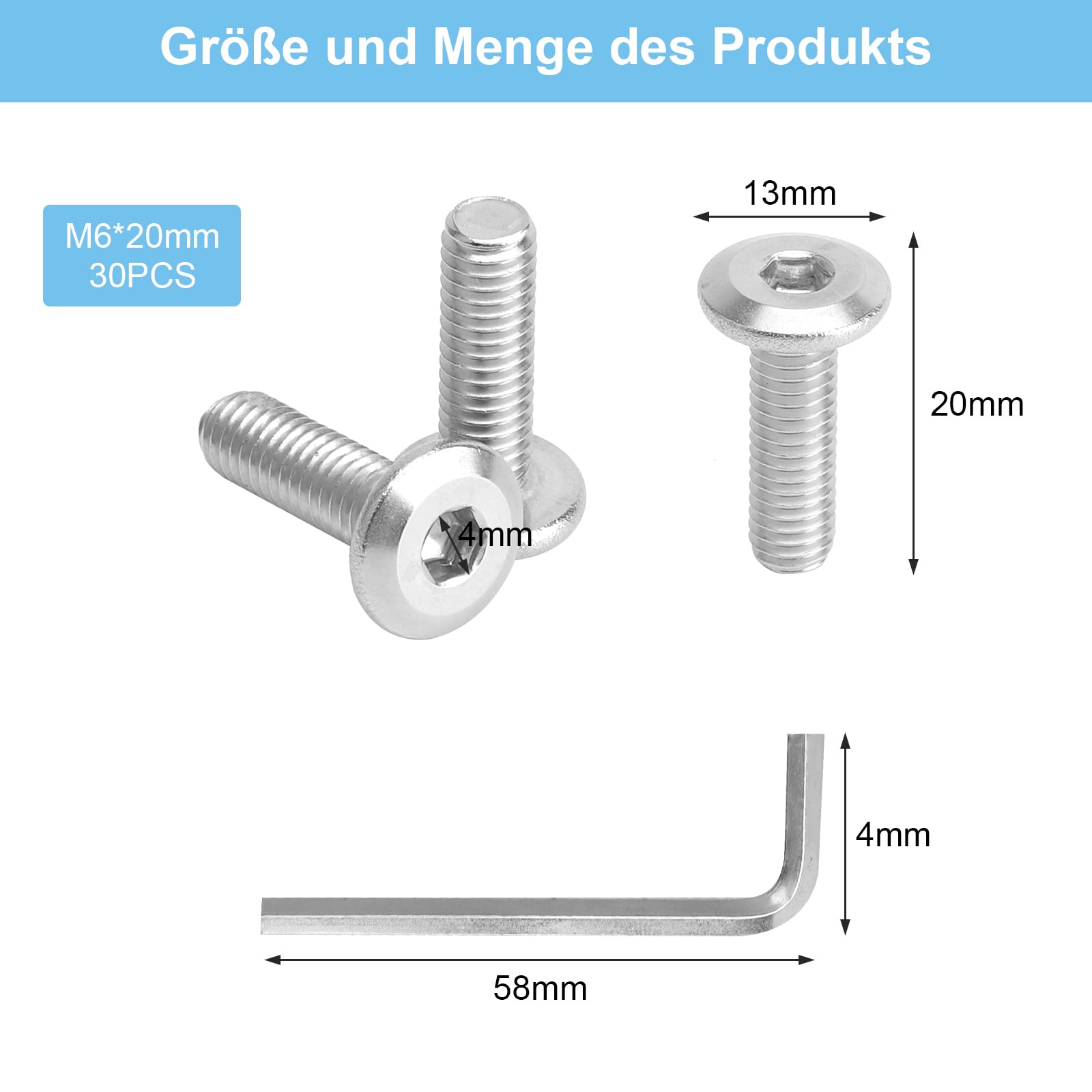 APOMOONS 30 Pezzi M6 x 20mm Viti A Testa con Esagono Incassato Viti Testa Acciaio Inox Piatta M6 x 20 mm per Mobili A Macchina Dispositivi Meccanici con Chiave Inglese