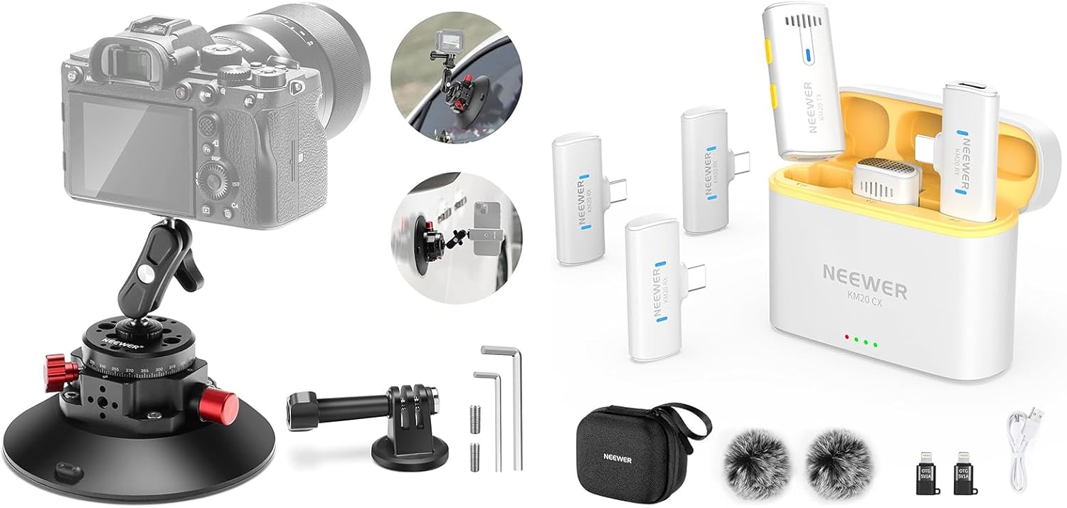 NEEWER 6"/15.2cm Camera Suction Cup Mount with Ball Head Magic Arm, Metal Suction Cup Mount on Car Windshield Dash for Camera/Action Camera, KM20 Wireless Lavalier Microphone System Included