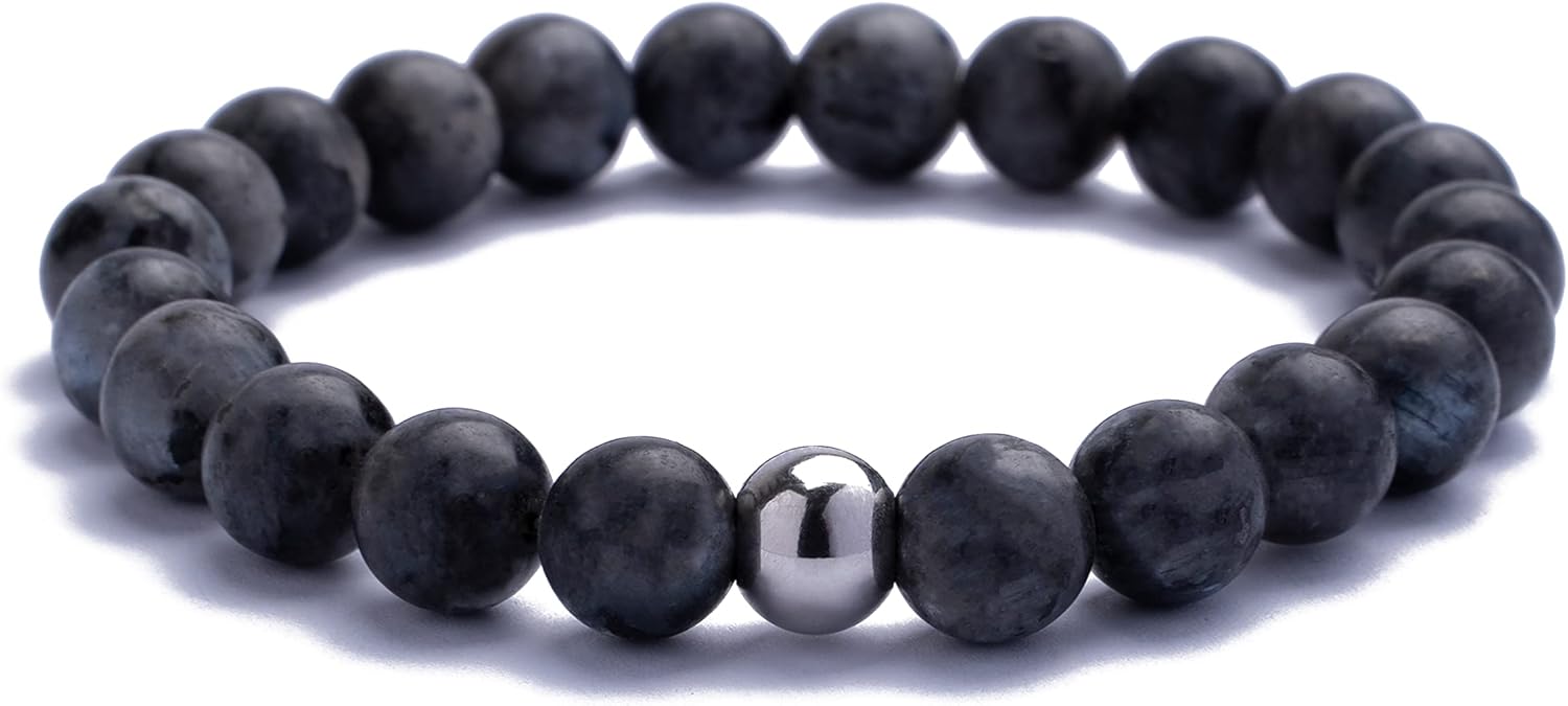 | Handcrafted in Italy | Premium Beaded Bracelet for Men | Black Onyx, Brown Tiger’s Eye or Grey Larvikite Stone Pearls | Exclusive Jewelry Gift Box