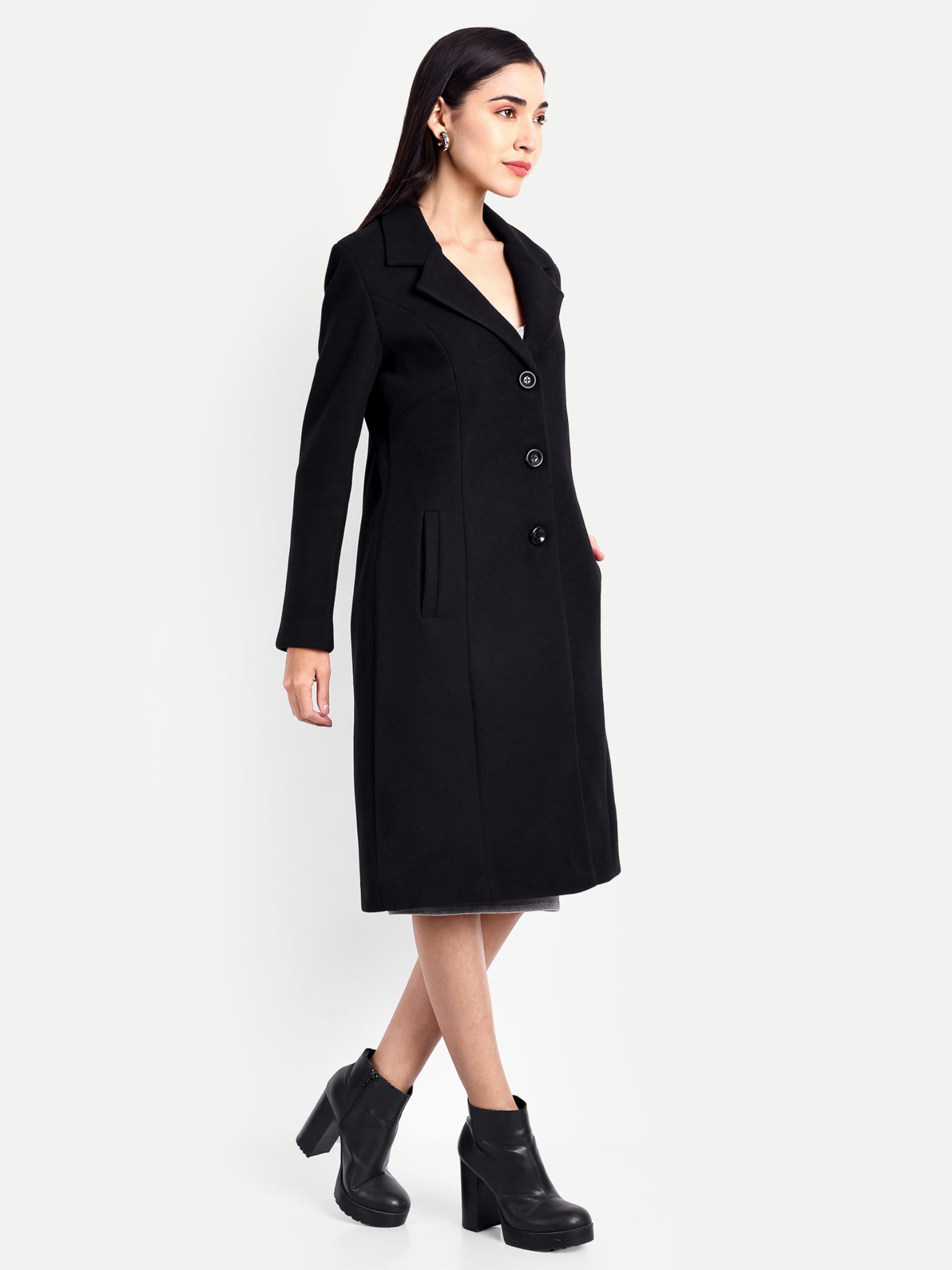 HAUTEMODA Women Tweed Winter Coat Trench Long Sleeves Over With Pocket Single Breasted (L, Black) 1