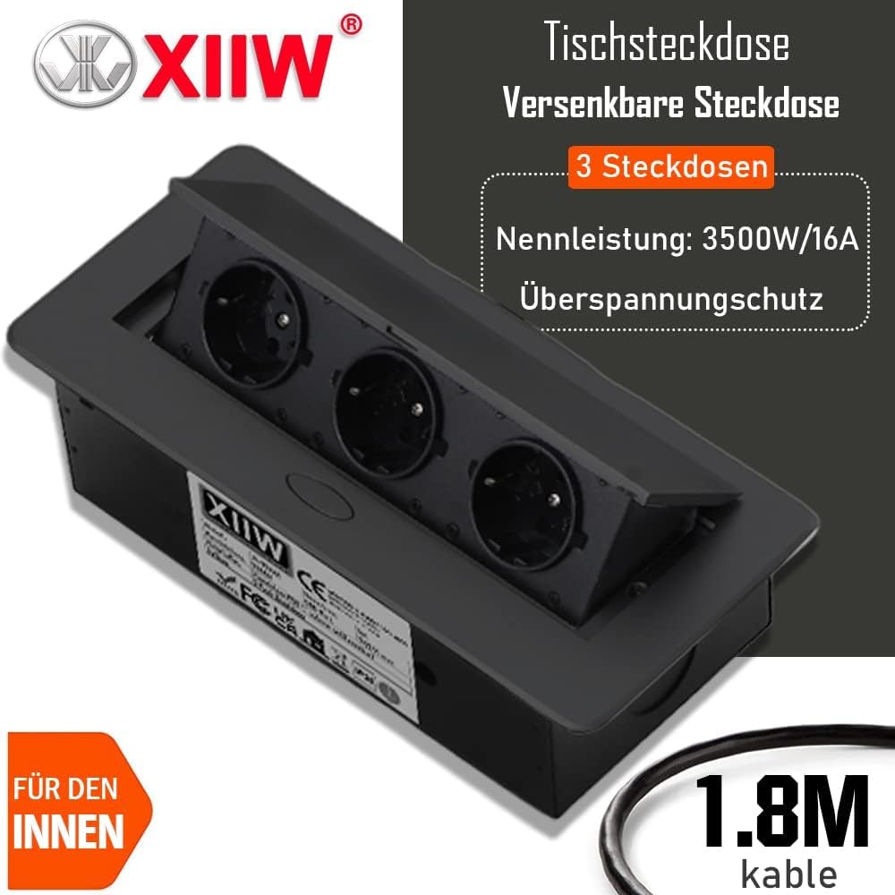 Aluminiowe wpuszczane gniazdo wtykowe do zabudowy, 3500 W/16 A/230 V, 3-krotne gniazdko na blat, wpuszczane gniazdko stołowe, listwa zasilająca z kablem o długości 1,8 m, niepalne, do 750°C