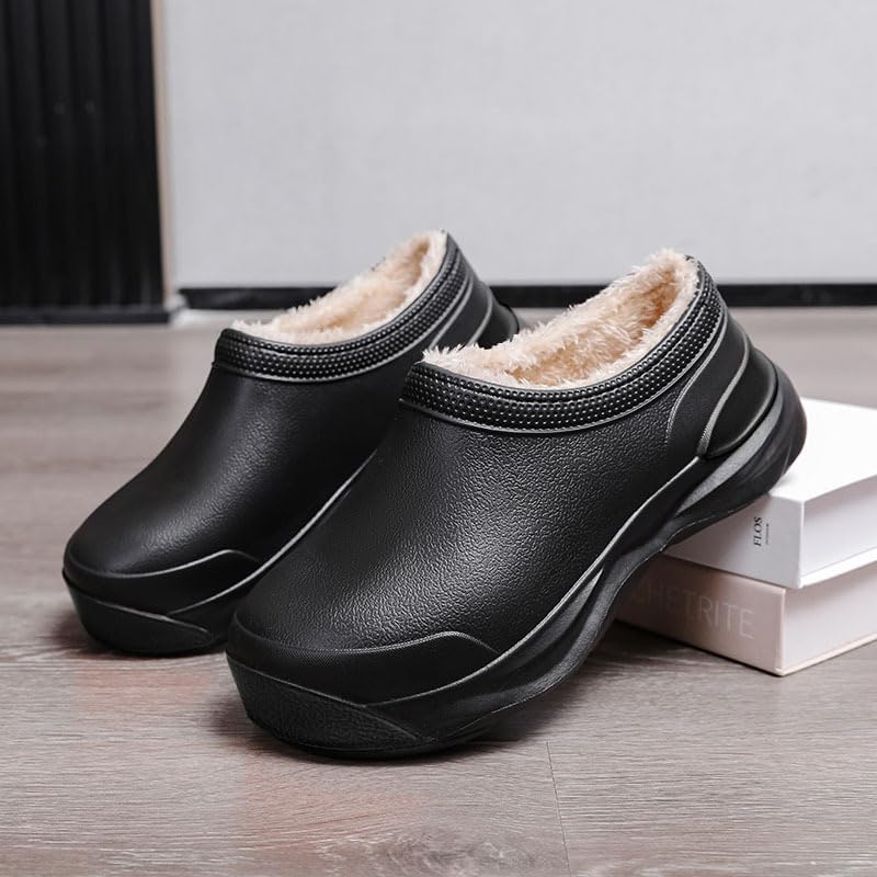 Men's Plush Lined Waterproof Chef Shoes, Anti-Slip, Oil-Resistant, Solid Closed Toe EVA Shoes, Women's Slippers (Black,8)