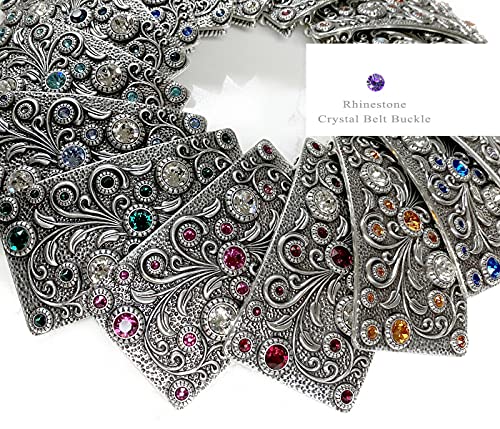 Ha0850 Rhinestone Crystal Belt Buckle Antique Silver Rectangle Floral Engraved Buckle (Light Turquoise) #TOP4